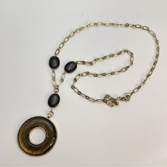 LARIAT Style Necklace 24” Gold Tone Striped Ring - Picture 6 of 8